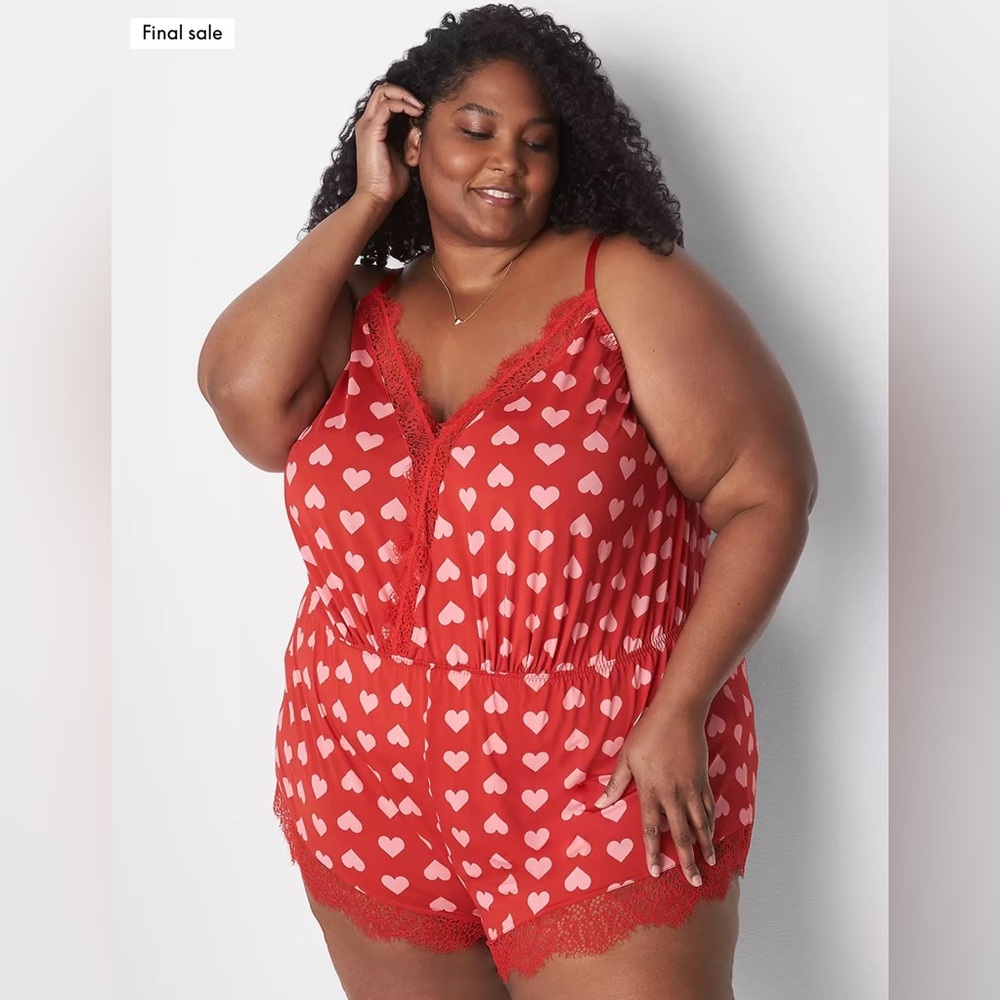 Lane Bryant Red Heart-Print Lace-Trim Cami Romper